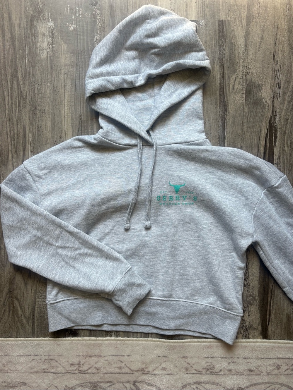 Gerry’s Western Light Gray Crop Hoodie with Teal Longhorn Logo
